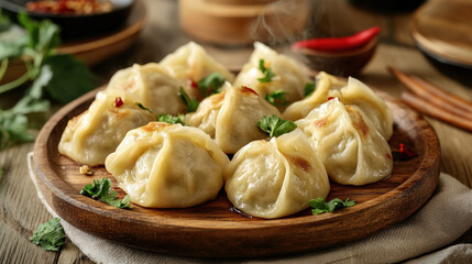 Steamed Asian dumplings on wooden plate, close up


