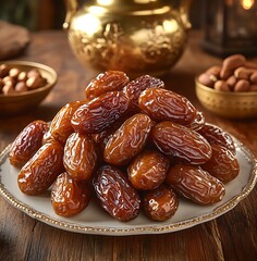 Pile of Medjool dates on a decorative plate with nuts and brass pot dried fruit sweet