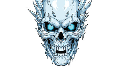 Fototapeta premium Detailed illustration of an evil ice skull with glowing blue eyes, sharp teeth, and a crown of frozen crystal shards.