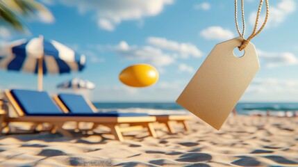 Beach Scene with Tag, Lemon, Umbrella and Lounge Chairs in Background
