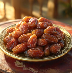 Pile of Ripe Brown Dates on Ornate Gold Plate with Blurred Background date fruit dried fruit