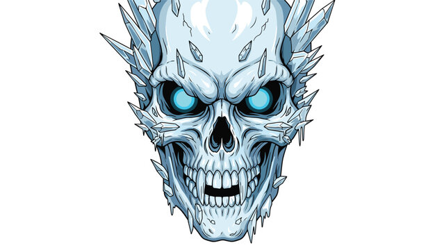 Detailed illustration of an evil ice skull with glowing blue eyes, sharp teeth, and a crown of frozen crystal shards.