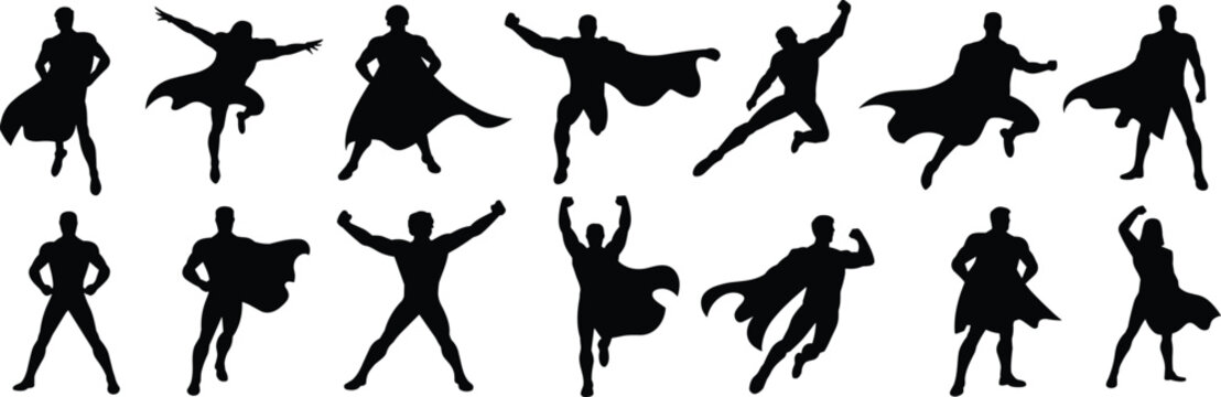 Superhero silhouette vector set, dynamic action poses, black cape icons, cartoon style, heroic character design, comic illustration, power stance artwork