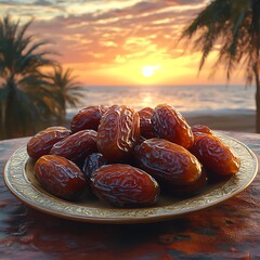 Plate of dates on table with ocean sunset and palm trees background fruit food
