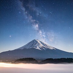 Fototapeta premium 真冬の富士山が月明かりに照らされ、雪に覆われた稜線が青白く輝いている