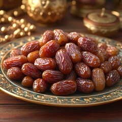 Plate of glistening dried dates with ornate gold and green rim dried fruit