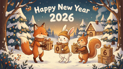 Cute woodland animals celebrating happy new year 2026 in snowy village with warm lights and festive winter charm
