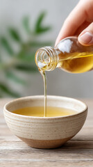 Natural bath rituals with aromatic oil pouring into ceramic bowl for relaxation and wellness