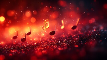 Red musical notes floating in bokeh light and glitter treble clef eighth note