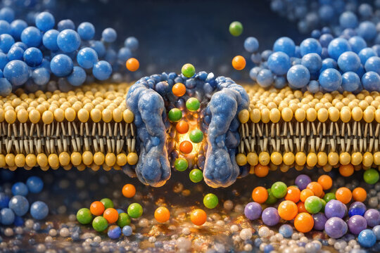 Diffusion transport membrane channel ion depict a cellular lipid bilayer and protein pore guiding colorful molecule through a selective passage conveying scientific curiosity