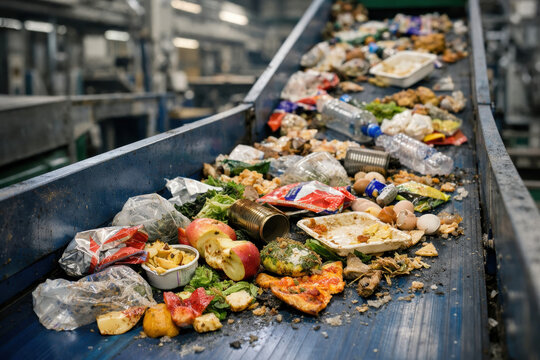 Waste pollution recycling sustainability food contamination Conveyor mixed organic scraps and packaging shows urgent scene urging to sort to reduce and to recover resources