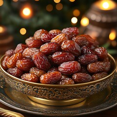 Rich brown dates piled high in an ornate golden bowl with bokeh lights fruit dried fruit