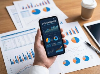 Person's hand holding smartphone with BI dashboard over financial papers and tablet BI dashboard mobile app