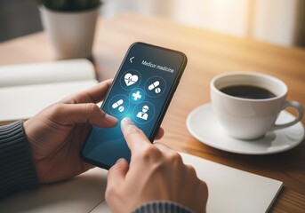 Person's hands holding smartphone with medical icons and text "Medicor medicine mobile phone healthcare