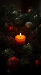Flatlay of red and gold Christmas ornaments on clean white background, elegant composition, minimal style
