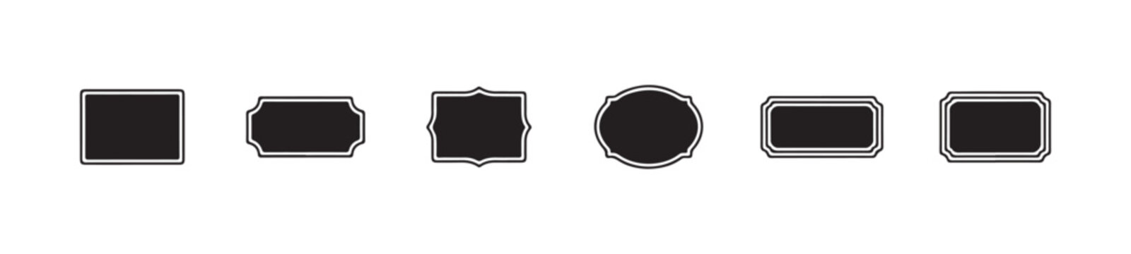 Set of six black filled geometric and stylized frames suitable for text boxes or document headers