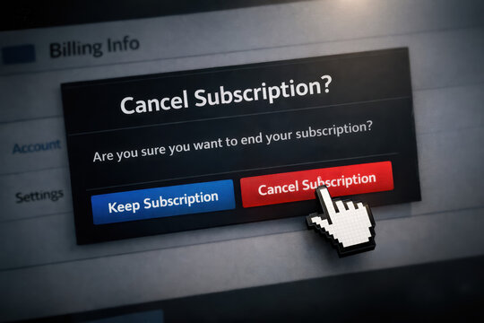 Subscription cancellation confirmation choice decision termination Prompt to confirm ending a recurring service with keep or cancel button pixelated cursor clicking cancel
