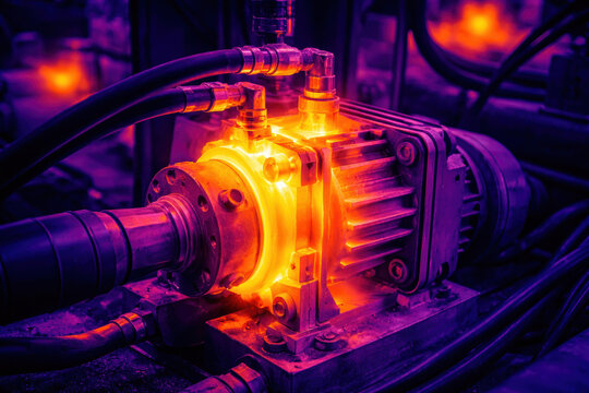 Thermal hydraulic motor pump inspection overheating thermal scan reveals hot coupling hoses and shaft conveying maintenance urgency and risk to equipment performance