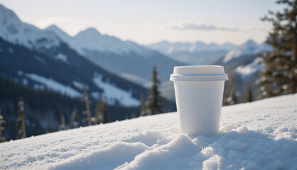 Biały jednorazowy kubek na wynos z kawą napojem stojący na śniegu na tle ośnieżonych szczytów górskich w słoneczny dzień – koncept zimowego wypoczynku i makieta produktu z miejscem na tekst