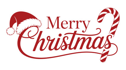  Merry Christmas hand lettering typography with santa hat and candy cane illustration isolated on white background, festive holiday greeting design for cards, banners, posters, prints and branding © VectorCraze