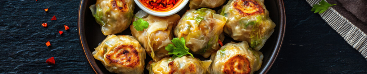 Pan fried dumplings in bowl on dark stone background banner


