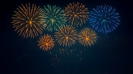 Obraz premium Bright fireworks burst in various colors against the night sky. People gather below to enjoy the spectacle during a festive event. The excitement fills the air as sparks light up the darkness