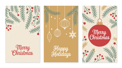  Set of vintage christmas greeting cards with festive typography, ornaments and floral decorations illustration, elegant holiday design collection isolated on light background for prints © VectorCraze