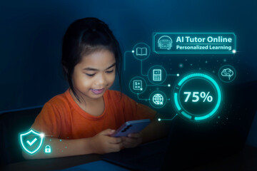 Little girl using smartphone for AI online tutoring and personalized learning at home with digital graphic interface.