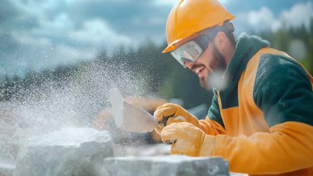 Construction worker at Work: A construction worker carves stone with intense focus, showcasing skill and determination. The image captures the essence of construction craftsmanship and hard work