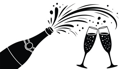  Champagne bottle popping with sparkling wine glasses silhouette illustration isolated on white background, festive celebration design for new year, party events, invitations, banners and posters © VectorCraze
