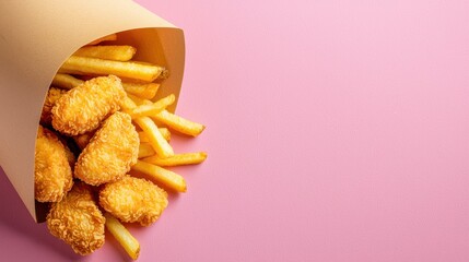 Crispy Chicken Nuggets and French Fries on Pink Background