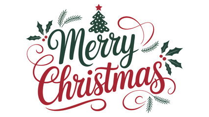  Merry Christmas hand lettering typography with holly leaves and festive decorative elements, colorful holiday greeting illustration isolated on white background for cards, banners and prints © VectorCraze