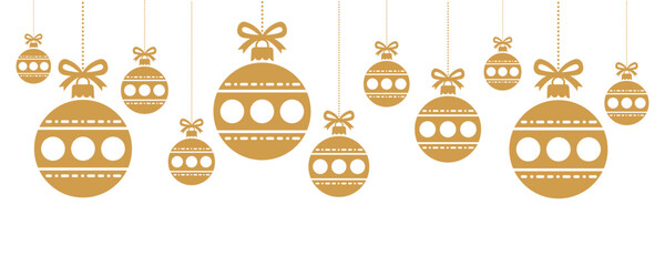 Elegant seamless pattern of golden Christmas baubles with bows hanging on strings over white background, ideal festive border for holiday greeting cards, invitations, banners, wrapping paper. © bibin