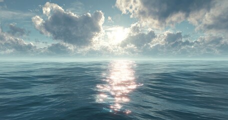 Ocean view under a cloudy sky with sun reflecting on the water surface