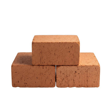 Three stacked reddish brown clay bricks for construction isolated on transparent background