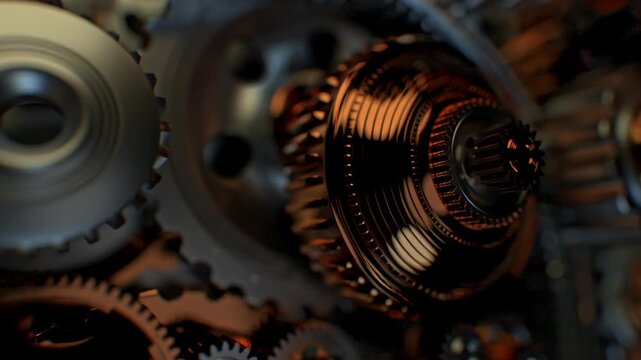 Conceptual animation showing a human brain formed by interlocking gears as the camera moves between mechanisms symbolizing artificial intelligence.