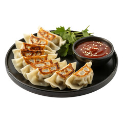 Fried Gyoza Dumplings on Plate with Transparent Background