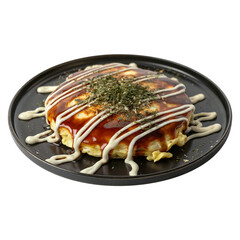 Okonomiyaki on a Black Plate with Transparent Background