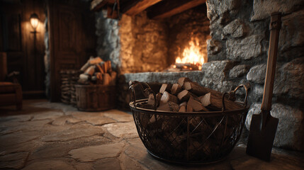 Shovel and firewood stack. Cozy Fireplace Scene: Burning Fire in Stone Hearth with Firewood & Tools - Rustic Home Interior