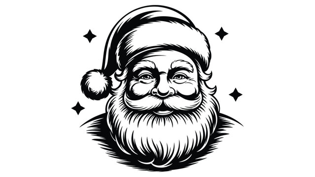 Santa claus face illustration in black and white with hat and beard, vintage engraved style christmas character portrait isolated on white background for holiday design and decoration use