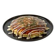 Okonomiyaki Japanese Savory Pancake on Plate with Transparent Background