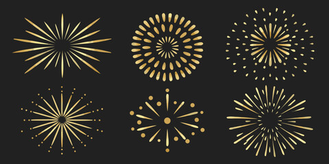 Golden starbursts and sparkling firework designs against a dark background