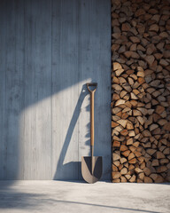 Shovel and firewood stack. Shovel Leaning Against Concrete Wall with Stacked Firewood - Rustic Still Life, Minimalist Design
