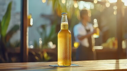Refreshing Beer Bottle on Wooden Table in Outdoor Setting
