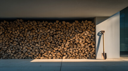 Shovel and firewood stack. Stack of Firewood with Shovel: Rustic Timber Pile, Indoor Wood Storage, Winter Fuel Supply, Fireplace Preparation, Home Heating, Natural Wood Texture