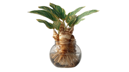 PNG of A close-up of a vibrant green plant with striking leaves in a clear glass vase, showcasing its unique root structure.