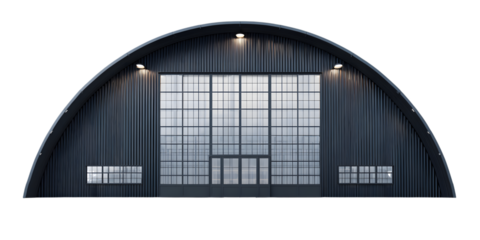 Modern industrial building with large windows isolated on white background