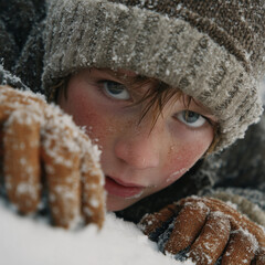 children climbing snowy hill. Lost Boy in Winter: Portrait of a Cold, Young Child Amidst Snow, Seeking Shelter, Vulnerable and Exposed to the Elements