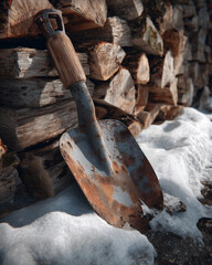 Shovel and firewood stack. Rusty Shovel on Snow: Winter Tool, Firewood Stack, Rustic Scene. Farm Tool, Vintage Shovel, Firewood Background