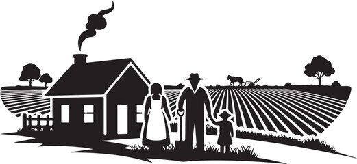 Family Farm Silhouette - Classic Rural Homestead Scene
